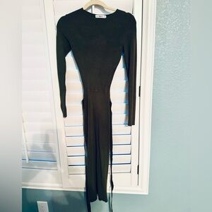 Zara Olive Green Knit Dress Open Back Tie Waist Long Sleeve Bodycon - S